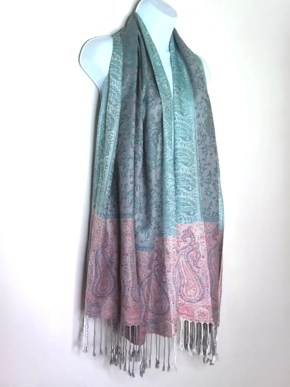 New Rose Blue & Mauve Paisley Scarf / Wrap / Shawl  Soft Large Rectangle Fringed